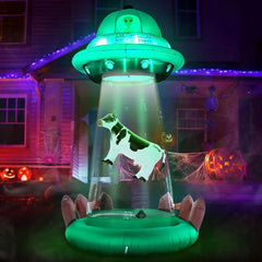 10 FT Halloween Inflatable UFO – Alien Abduction Blow Up Yard Decoration with Floating Cow & LED Lights