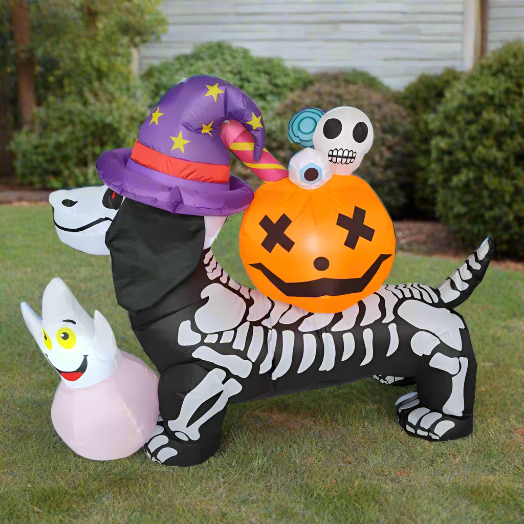 5FT Long Halloween Inflatable Skeleton Dachshund Dog – Light-Up Yard Decoration with Pumpkin & Ghost