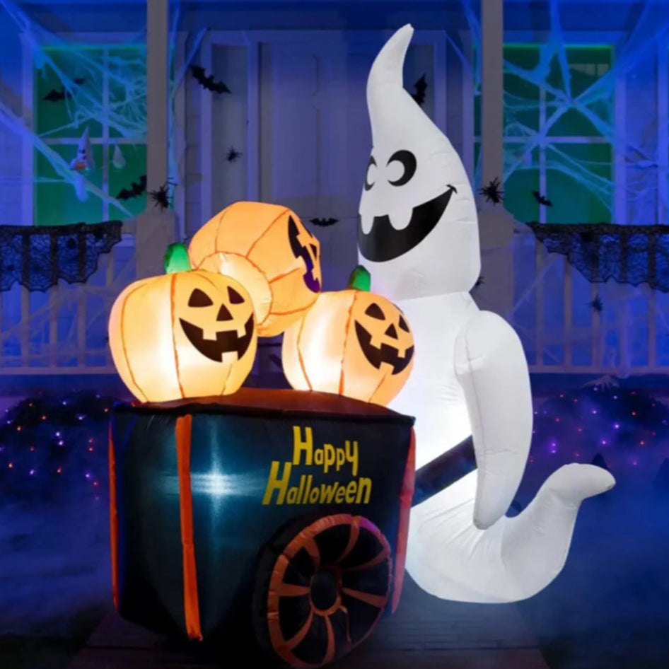 6FT Halloween Inflatable White Ghost Pushing Pumpkin Cart - Light-Up Outdoor Yard Decoration with LED Lights