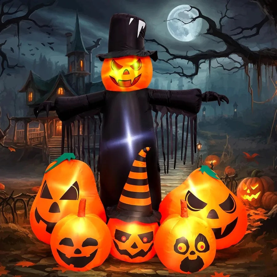 7FT Halloween Inflatable Pumpkin Scarecrow – Light-Up Yard Decoration with Glowing Jack-O’-Lanterns