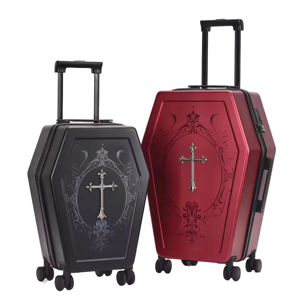 Gothic Coffin Rolling Suitcase – Medieval Vampire Travel Luggage with Cross Design for Gothic & Fantasy Travelers
