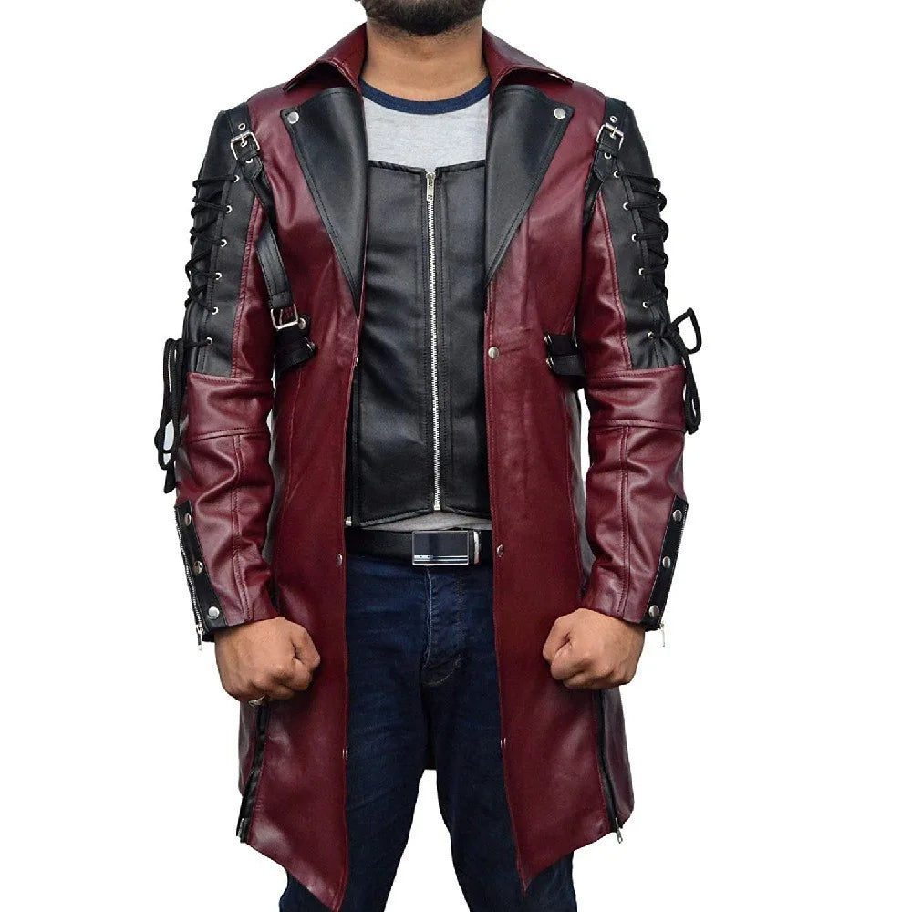 Men’s Steampunk Gothic Trench Coat – Punk Faux Leather Biker Jacket for Cosplay & Alternative Fashion
