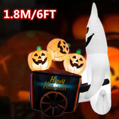 6FT Halloween Inflatable White Ghost Pushing Pumpkin Cart - Light-Up Outdoor Yard Decoration with LED Lights