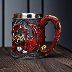 Dragon Guardian Tankard – Medieval Fantasy Stainless Steel Mug with Dragon Guarding a Gemstone Treasure