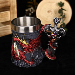 Dragon Lair Tankard – Medieval Fantasy Mug with Gemstone Sword Handle and Stainless Steel Interior