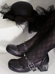Women’s Gothic Mary Jane Shoes – Retro Dark Style Block Heel with Spider Web Print, Spiked Strap & Spider Buckle