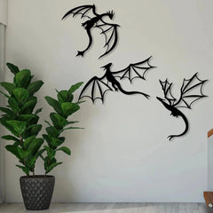 Flying Dragon Wall Art Set of 3 – Black Iron Metal Fantasy Decor for Home, Office, or Garden