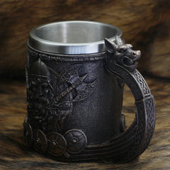 Viking Warrior Tankard – Medieval Norse Drinking Mug with Dragon Longship Handle