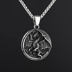Stainless Steel Round Dragon Pendant – Circular Winged Guardian Medieval Fantasy Jewelry Charm