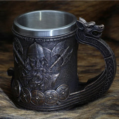 Viking Warrior Tankard – Medieval Norse Drinking Mug with Dragon Longship Handle