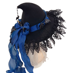 Women's Gothic Lolita Witch Hat – Halloween Cosplay Accessory with Lace, Ribbon Bows & Bat Charm