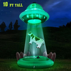 10 FT Halloween Inflatable UFO – Alien Abduction Blow Up Yard Decoration with Floating Cow & LED Lights