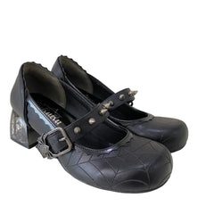 Women’s Gothic Mary Jane Shoes – Retro Dark Style Block Heel with Spider Web Print, Spiked Strap & Spider Buckle