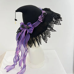 Women's Gothic Lolita Witch Hat – Halloween Cosplay Accessory with Lace, Ribbon Bows & Bat Charm