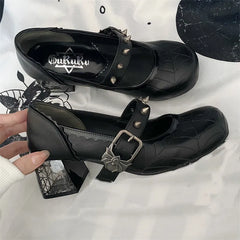 Women’s Gothic Mary Jane Shoes – Retro Dark Style Block Heel with Spider Web Print, Spiked Strap & Spider Buckle