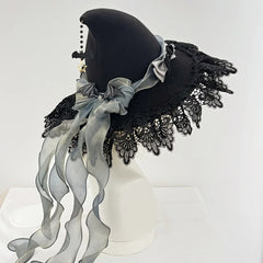 Women's Gothic Lolita Witch Hat – Halloween Cosplay Accessory with Lace, Ribbon Bows & Bat Charm