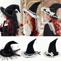 Women's Gothic Witch Hat – Halloween Cosplay Wizard Hat with Wide Brim and Lace Trim