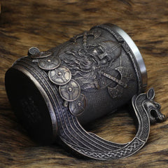 Viking Warrior Tankard – Medieval Norse Drinking Mug with Dragon Longship Handle
