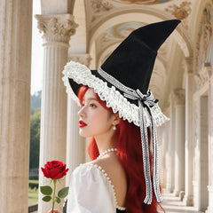 Women's Gothic Witch Hat – Halloween Cosplay Wizard Hat with Wide Brim and Lace Trim