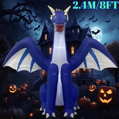 8FT Halloween Inflatable Blue Dragon – Giant Light-Up Yard Decoration with Wings, Horns, & LED Lights