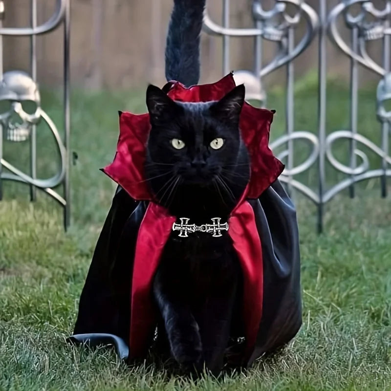 Spooky Halloween Vampire Pet Costume – Gothic Cat & Dog Cape with High Collar & Cross Clip