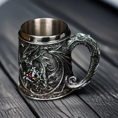 Dragon Guardian Tankard – Medieval Fantasy Stainless Steel Mug with Dragon Guarding a Gemstone Treasure