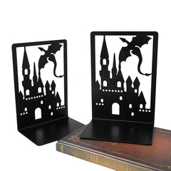 Iron Dragon Castle Bookends – Metal Fantasy Book Holder Set for Home, Library, or Office Decor