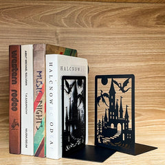 Iron Dragon Castle Bookends – Metal Fantasy Book Holder Set for Home, Library, or Office Decor