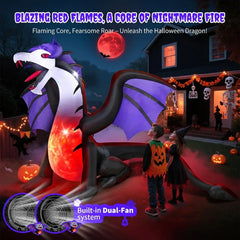8FT Halloween Inflatable Black Dragon – Giant Light-Up Yard Decoration with Wings, Horns, & Glowing Belly