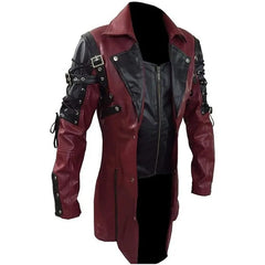 Men’s Steampunk Gothic Trench Coat – Punk Faux Leather Biker Jacket for Cosplay & Alternative Fashion