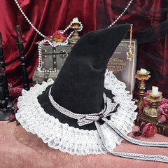 Women's Gothic Witch Hat – Halloween Cosplay Wizard Hat with Wide Brim and Lace Trim
