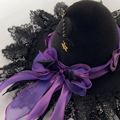 Women's Gothic Lolita Witch Hat – Halloween Cosplay Accessory with Lace, Ribbon Bows & Bat Charm