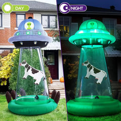 10 FT Halloween Inflatable UFO – Alien Abduction Blow Up Yard Decoration with Floating Cow & LED Lights