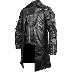 Men’s Steampunk Gothic Trench Coat – Punk Faux Leather Biker Jacket for Cosplay & Alternative Fashion