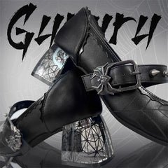 Women’s Gothic Mary Jane Shoes – Retro Dark Style Block Heel with Spider Web Print, Spiked Strap & Spider Buckle