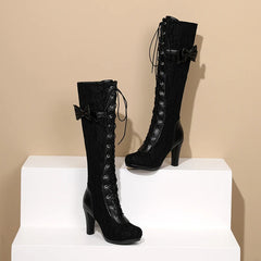 Women’s Vintage Victorian Lace-Up Knee-High Boots – High Heel Gothic Cosplay Shoes with Bow