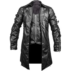 Men’s Steampunk Gothic Trench Coat – Punk Faux Leather Biker Jacket for Cosplay & Alternative Fashion