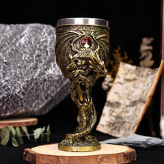 Dragon Guardian Goblet – Medieval Fantasy Chalice with Stainless Steel Interior and Gemstone Accent