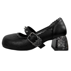 Women’s Gothic Mary Jane Shoes – Retro Dark Style Block Heel with Spider Web Print, Spiked Strap & Spider Buckle