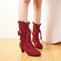 Women's Vintage Victorian Lace-Up Boots – Gothic Lolita Ruffle Trim High Heel Cosplay Shoes