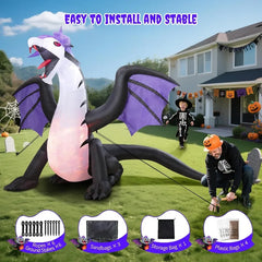 8FT Halloween Inflatable Black Dragon – Giant Light-Up Yard Decoration with Wings, Horns, & Glowing Belly