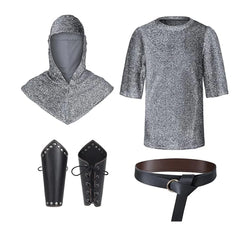 Men’s Medieval Knight Costume Set – Faux Chainmail Hooded Shirt, Belt & Bracers for Cosplay, Renaissance Faire & Halloween