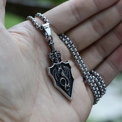 Stainless Steel Dragon Sword Shield Pendant Necklace – Medieval Fantasy Warrior Jewelry