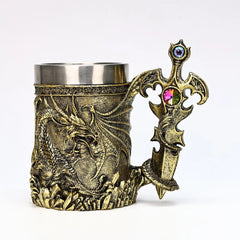 Dragon Lair Tankard – Medieval Fantasy Mug with Gemstone Sword Handle and Stainless Steel Interior
