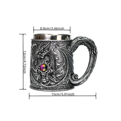 Dragon Guardian Tankard – Medieval Fantasy Stainless Steel Mug with Dragon Guarding a Gemstone Treasure