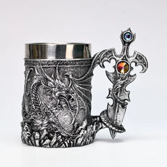 Dragon Lair Tankard – Medieval Fantasy Mug with Gemstone Sword Handle and Stainless Steel Interior
