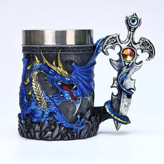 Dragon Lair Tankard – Medieval Fantasy Mug with Gemstone Sword Handle and Stainless Steel Interior