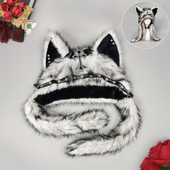 Gothic Winter Faux Fur Cat & Wolf Ear Hood – Fantasy Cosplay Plush Hat for Adults & Kids