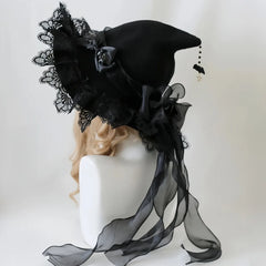 Women's Gothic Lolita Witch Hat – Halloween Cosplay Accessory with Lace, Ribbon Bows & Bat Charm