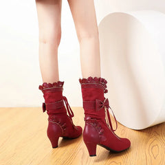 Women's Vintage Victorian Lace-Up Boots – Gothic Lolita Ruffle Trim High Heel Cosplay Shoes